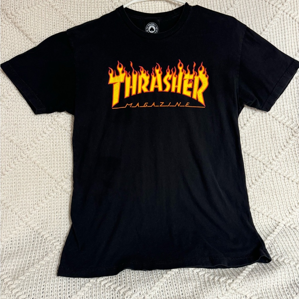 THRASHER black tee tee shirt, short sleeves; S